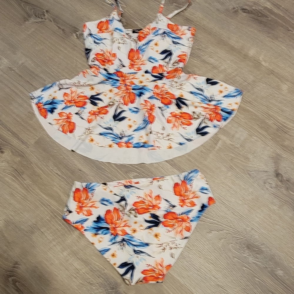 Hibiscus print swim wear set tankini top bikini bottom tropical  print